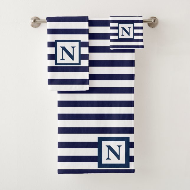 Navy Stripe Monogram  Bath Towel Set (Insitu)
