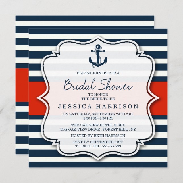 Navy Stripe Nautical Anchor Bridal Shower Invitation (Front/Back)
