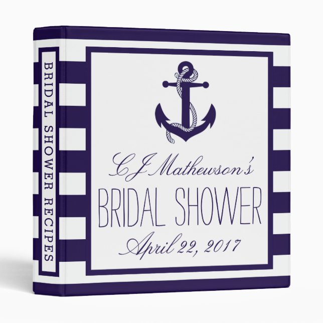 Navy Stripe Nautical Anchor Bridal Shower Recipe 3 Ring Binder (Front/Spine)