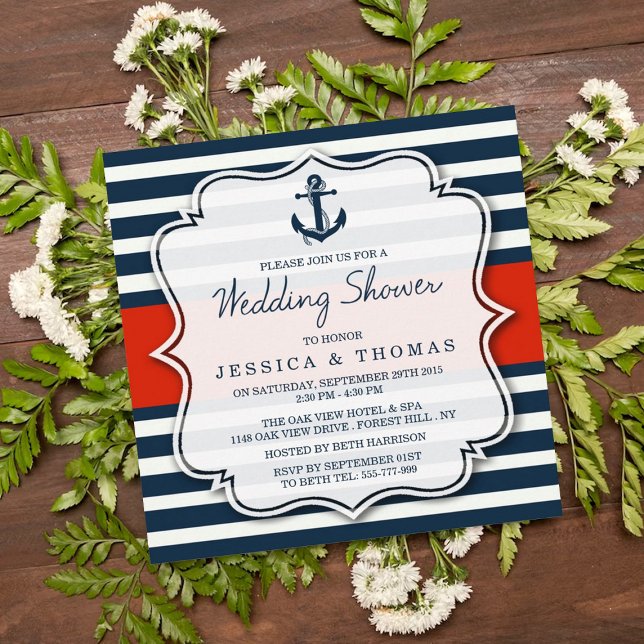 Navy Stripe Nautical Anchor Wedding Shower Invitation (Creator Uploaded)