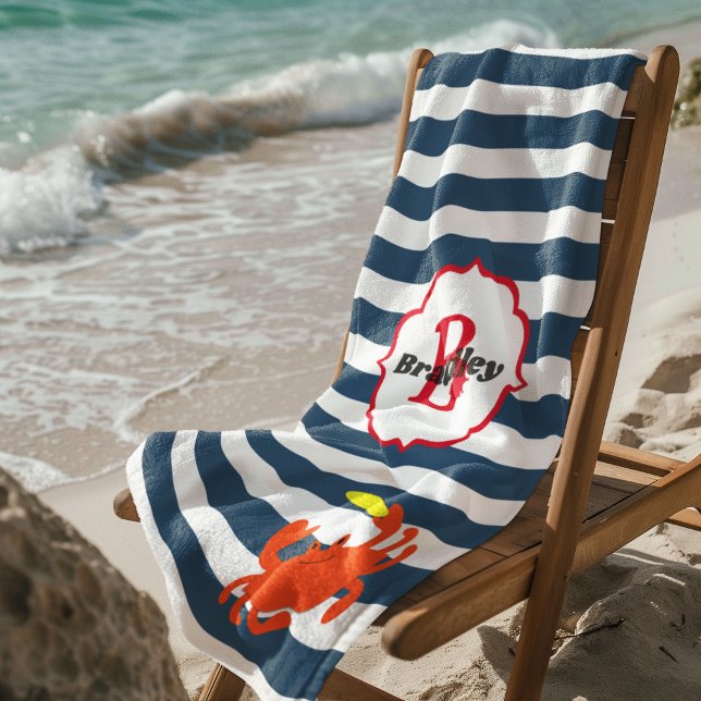 Navy Stripe Nautical Crab Monogrammed Beach Towel (Creator Uploaded)