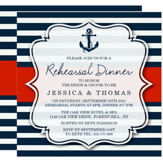 Navy Stripe Nautical Wedding Rehearsal Dinner Invitation