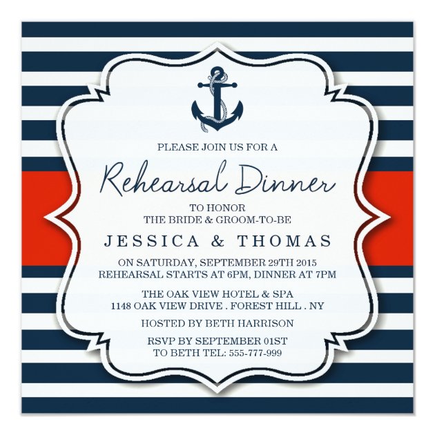 Navy Stripe Nautical Wedding Rehearsal Dinner Invitation