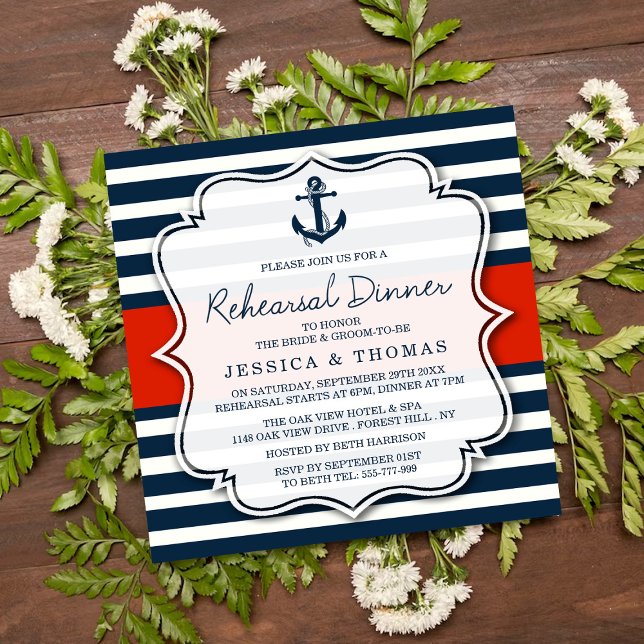 Navy Stripe Nautical Wedding Rehearsal Dinner Invitation (Creator Uploaded)