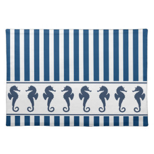 Navy Stripe Pattern and Sea Horses Cloth Placemat