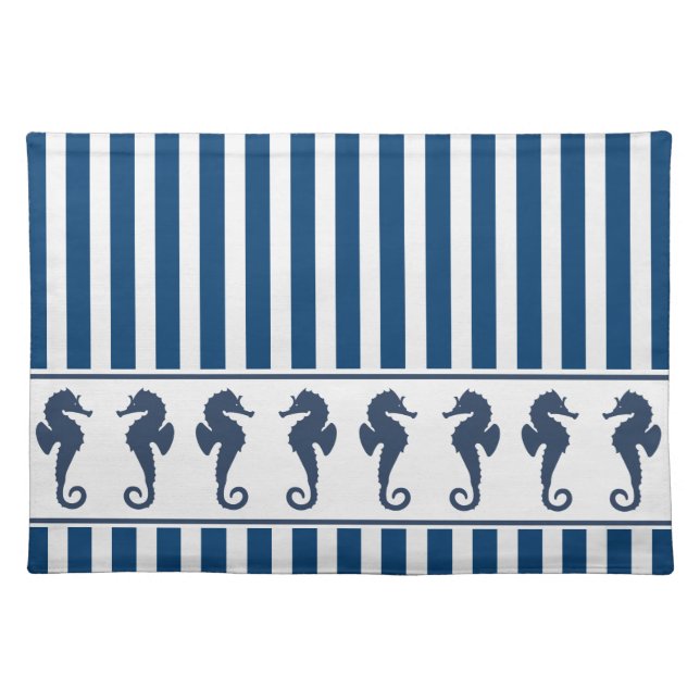 Navy Stripe Pattern and Sea Horses Cloth Placemat (Front)
