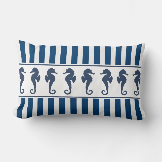 Navy Stripe Pattern and Sea Horses Lumbar Pillow (Front)