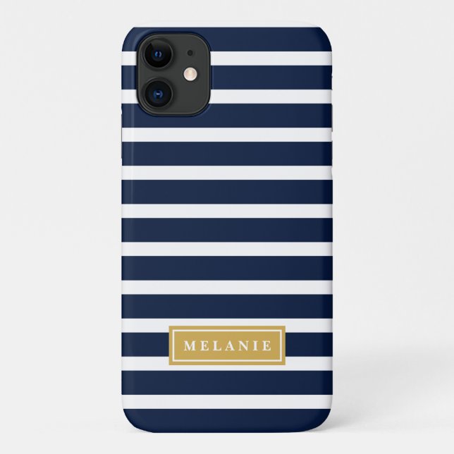 Navy Stripe Pattern Gold Name Template Case-Mate iPhone Case (Back)
