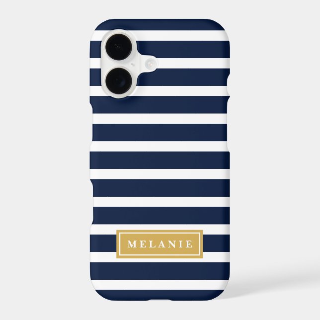Navy Stripe Pattern Gold Name Template Iphone Case (Back)