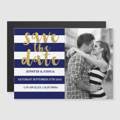 Navy Stripe Photo Save the Date Magnet Invitations