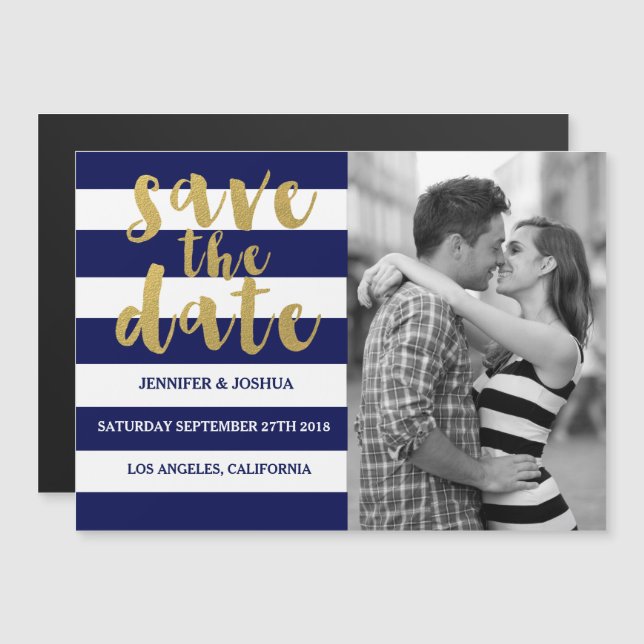 Navy Stripe Photo Save the Date Magnet Invitations (Front/Back)