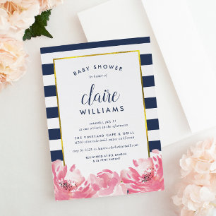 Navy Stripe & Pink Peony Baby Shower Invitation
