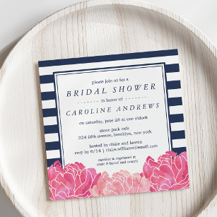 Navy Stripe & Pink Peony Bridal Shower Invitation