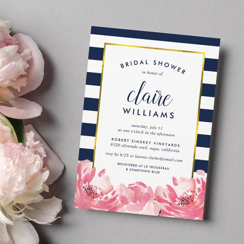 Navy Stripe  Pink Peony Bridal Shower Invitation