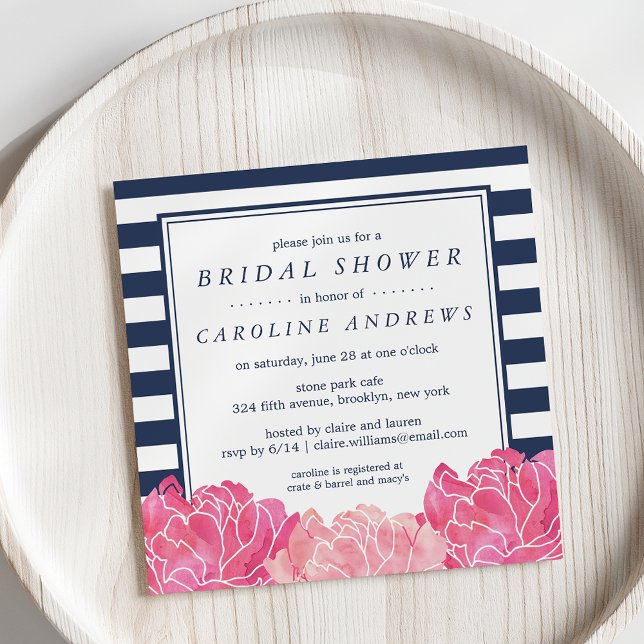 Navy Stripe & Pink Peony Bridal Shower Invitation (Creator Uploaded)