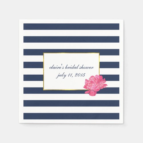 Navy Stripe  Pink Peony Bridal Shower Napkins