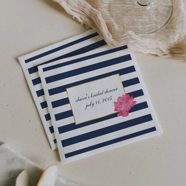 Navy Stripe & Pink Peony Bridal Shower Napkins (Creator Uploaded)