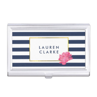 Navy Stripe & Pink Peony Business Card Holder