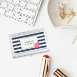 Navy Stripe & Pink Peony Business Card Holder<br><div class="desc">This sleek and feminine business card holder features a bold navy blue and white stripe background, faux gold border, and a pretty pink peony in soft watercolors. Coordinates with our Navy Stripe & Pink Peony office accessories, paper products, and accessories. Customize with a name or the text of your choice....</div>
