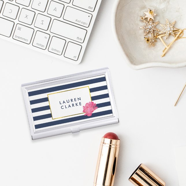 Navy Stripe & Pink Peony Business Card Holder (Creator Uploaded)