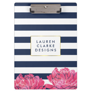 Navy Stripe & Pink Peony Clipboard