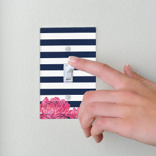 Navy Stripe & Pink Peony Light Switch Cover