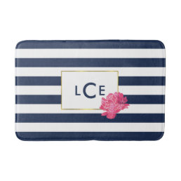 Navy Stripe &amp; Pink Peony Monogram Bath Mat