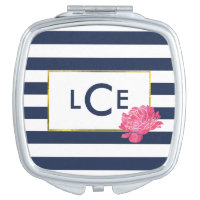 Navy Stripe & Pink Peony Monogram Compact Mirror