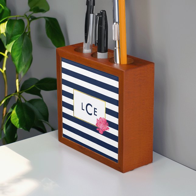 Navy Stripe & Pink Peony Monogram Desk Organizer (Creator Uploaded)