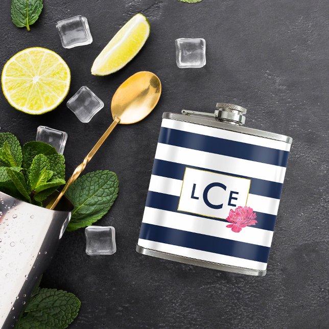 Navy Stripe & Pink Peony Monogram Flask (Creator Uploaded)