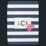 Navy Stripe & Pink Peony Monogram iPad Air Cover<br><div class="desc">This iPad cover features a bold navy blue and white horizontal stripe background and a pretty pink peony in alluring watercolors. A faux gold border surrounds your three initial monogram in matching navy. Coordinates with our Navy Stripe & Pink Peony office supplies, paper products, home goods and accessories. NOTE: the...</div>