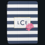 Navy Stripe & Pink Peony Monogram iPad Air Cover<br><div class="desc">This iPad cover features a bold navy blue and white horizontal stripe background and a pretty pink peony in alluring watercolors. A faux gold border surrounds your three initial monogram in matching navy. Coordinates with our Navy Stripe & Pink Peony office supplies, paper products, home goods and accessories. NOTE: the...</div>