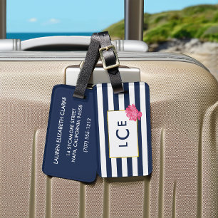 Navy Stripe & Pink Peony Monogram Luggage Tag