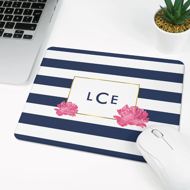 Navy Stripe & Pink Peony Monogram Mousepad (Creator Uploaded)