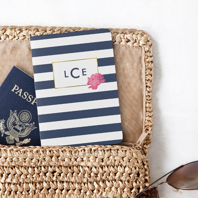 Navy Stripe & Pink Peony Monogram Passport Case (Creator Uploaded)