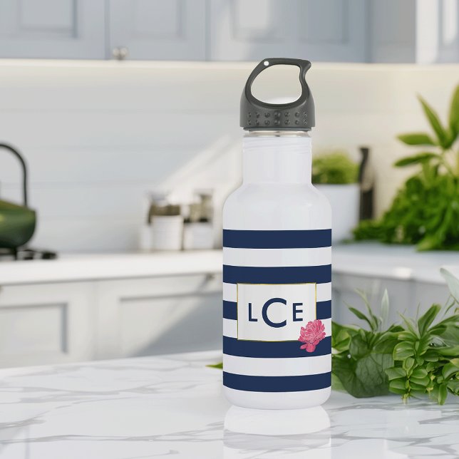 Navy Stripe & Pink Peony Monogram Water Bottle (Creator Uploaded)