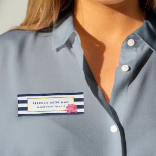 Navy Stripe & Pink Peony Name Tag