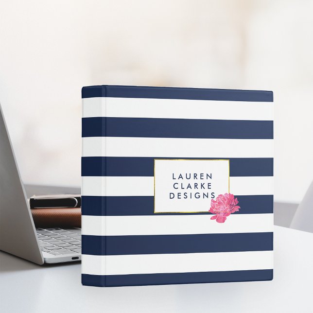 Navy Stripe & Pink Peony Personalized Binder (Creator Uploaded)