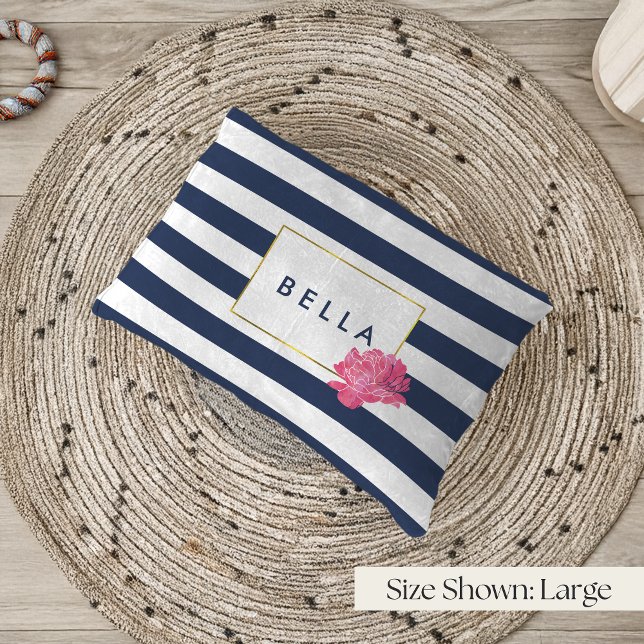 Navy Stripe & Pink Peony Personalized Dog Bed (Creator Uploaded)