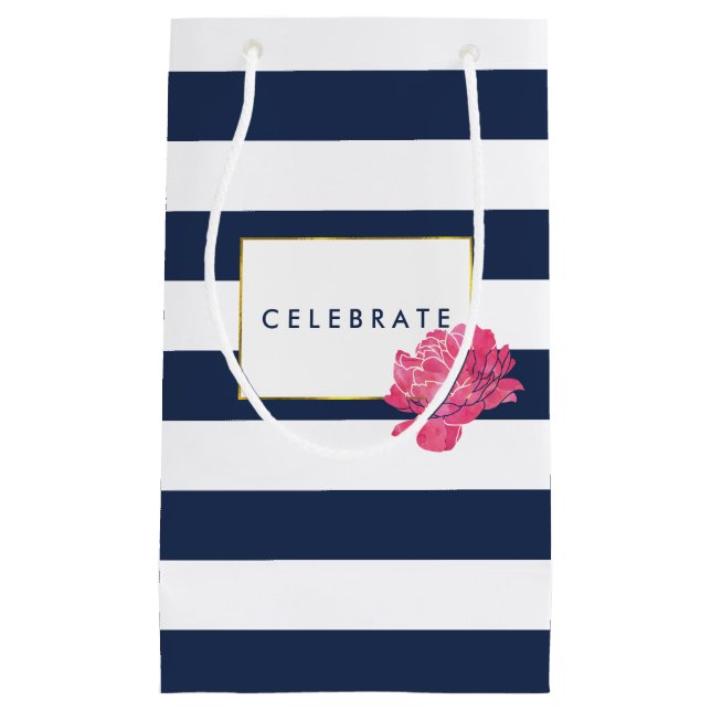 Navy Stripe & Pink Peony Personalized Gift Bags (Front)