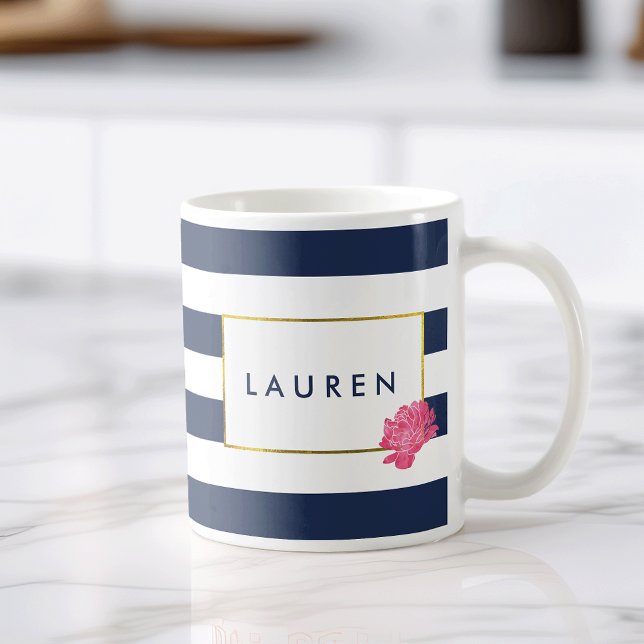 Navy Stripe & Pink Peony Personalized Mug (Creator Uploaded)