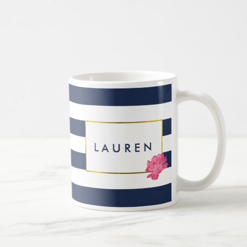 Navy Stripe  Pink Peony Personalized Mug