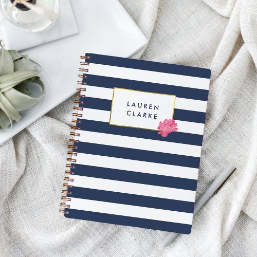 Navy Stripe  Pink Peony Personalized Notebook