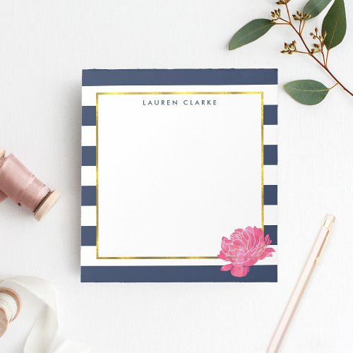 Navy Stripe  Pink Peony Personalized Notepad