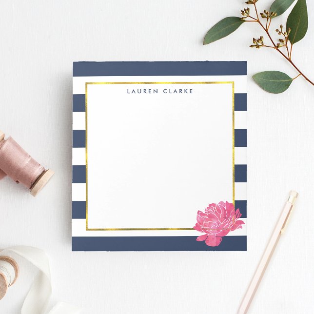 Navy Stripe & Pink Peony Personalized Notepad (Creator Uploaded)