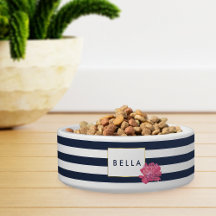 Navy Stripe & Pink Peony Personalized Pet Bowl