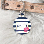 Navy Stripe & Pink Peony Personalized Pet Tag<br><div class="desc">Pamper your pet! This pretty tag features a bold navy blue and white stripe background, faux gold border, and a pretty pink peony in soft watercolors. Coordinates with our Navy Stripe & Pink Peony pet bowl and bed, office supplies, paper products, home goods and accessories. Customize with your pet's name...</div>