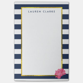 Navy Stripe & Pink Peony Personalized Post-it® Notes