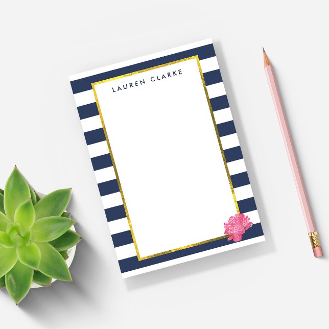 Navy Stripe & Pink Peony Personalized Post-it Notes (Creator Uploaded)