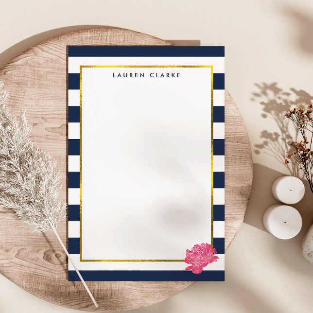 Navy Stripe & Pink Peony Personalized Stationery (Creator Uploaded)